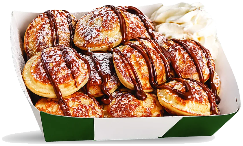 Dutch mini pancakes with chocolate drizzle & cream